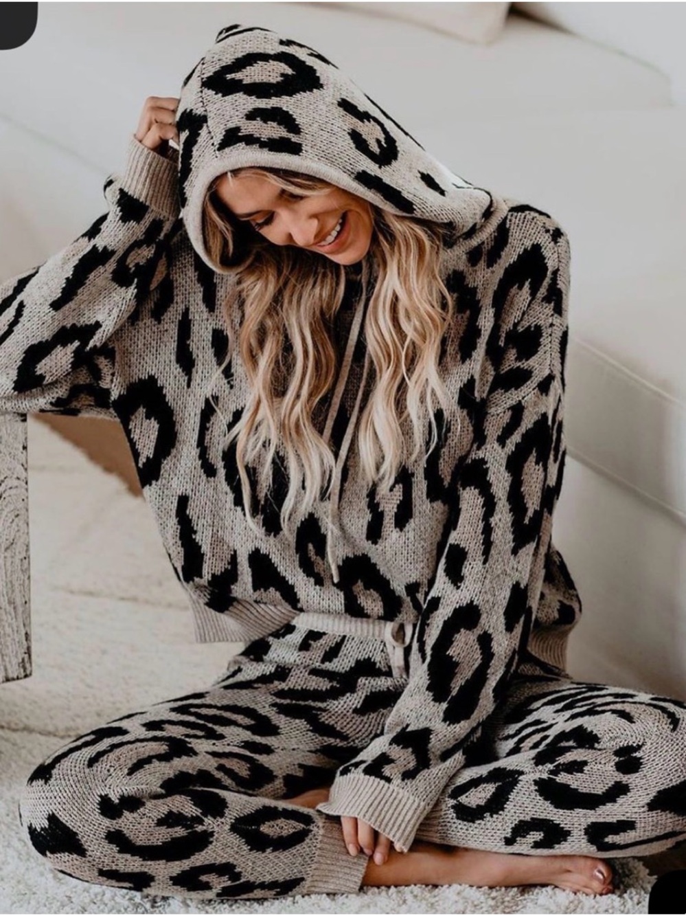 💗 Vici- Leopard-Print Knit Hooded Lounge Set - Gray & Black- Size Small